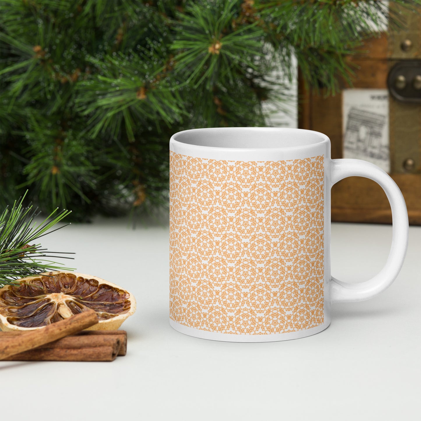 20 oz white glossy mug with the 'Pentagon' yellow fractal geometric pattern.